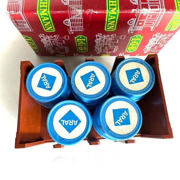 LGB 4045 FLATCAR WITH 5 ARAL BLUE DRUM IN ORIGINAL BOX train car - Picture 3 of 7